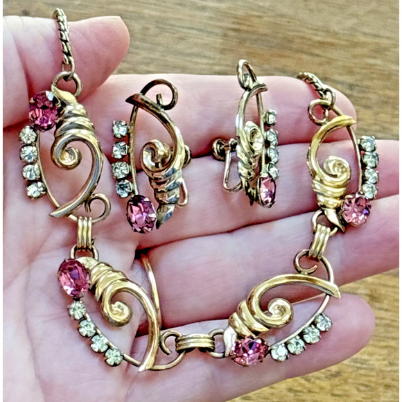De Curtis Pink Rhinestone Choker & Screw Earrings 1/20 12k Gold Filled Vintage - Picture 8 of 8